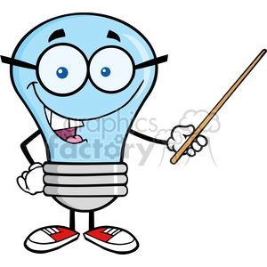 6096 Royalty Free Clip Art Blue Light Bulb Character With Glasses Holding A Pointer