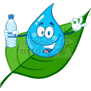 6240 Royalty Free Clip Art Smiling Water Drop On A Leaf Showing Water Bottle