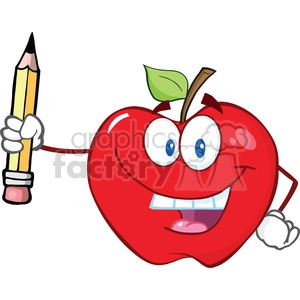 6531 Royalty Free Clip Art Happy Red Apple Holding Up A Pencil