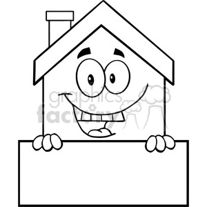 6459 Royalty Free Clip Art Black and White House Cartoon Mascot Character Over Blank Sign