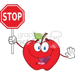 6534 Royalty Free Clip Art Apple Cartoon Mascot Character Holding A Stop Sign