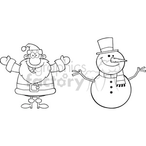 6675 Royalty Free Clip Art Black And White Happy Santa Claus And Snowman