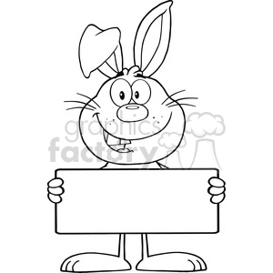 Royalty Free RF Clipart Illustration Black And White Funny Rabbit Cartoon Character Holding A Banner