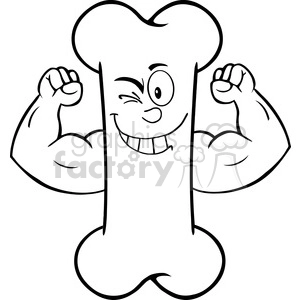 Royalty Free RF Clipart Illustration Black And White Winking Bone Cartoon Mascot Character Showing Muscle Arms
