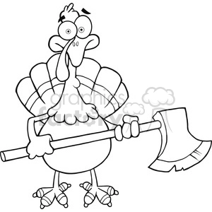 The clipart image features a cartoon turkey holding an axe. The turkey has a surprised or alarmed expression on its face, wide eyes, and is standing upright on two legs. Its tail feathers are spread out, and it has a couple of feathers sticking out from the top of its head. The axe is being held in the turkey's right wing.