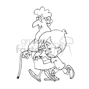 vector child walking with his grandmother in black and white