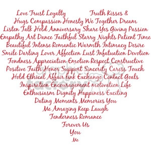 The clipart image shows a heart shape made up of various love-related words written in different fonts and sizes. The words inside the heart include 