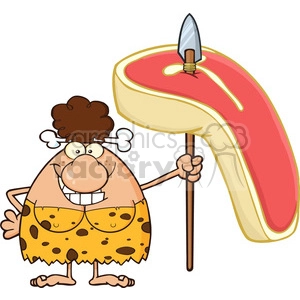 smiling brunette cave woman cartoon mascot character holding a spear with big raw steak vector illustration