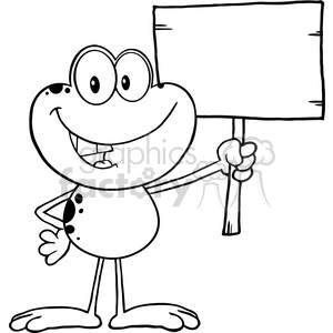 In this clipart image, there is a funny animal character resembling a frog standing upright. It features large wide-set eyes, a wide grin revealing a few teeth, and a spotted belly which adds to the whimsical nature of the drawing. The character is holding a blank signboard or placard with one hand, which can be used to add custom text or messages. The overall appearance is that of a black-and-white line drawing, typical of coloring book style illustrations.
