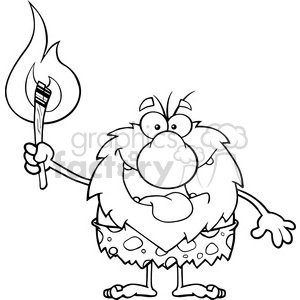 black and white smiling male caveman cartoon mascot character holding up a fiery torch vector illustration