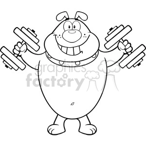 Royalty Free RF Clipart Illustration Black And White Smiling Bulldog Cartoon Mascot Character Training With Dumbbells