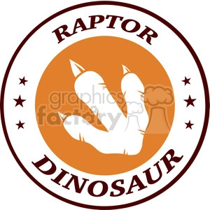 This clipart image features a stylized raptor dinosaur footprint in white within an orange circle. The circle is bordered by a brown ring with the words RAPTOR and DINOSAUR separated by star symbols above and below the footprint, respectively. The image presents a playful take on the iconic raptor paw print.