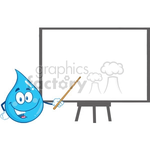 Royalty Free RF Clipart Illustration Water Drop Character Holding A Pointer Presenting On A Board