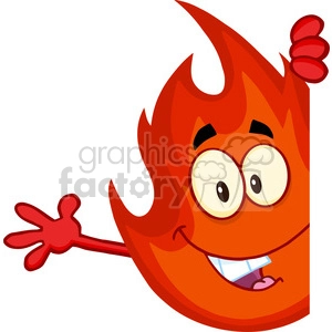 Royalty Free RF Clipart Illustration Cute Fire Cartoon Mascot Character Looking Around A Blank Sign And Waving