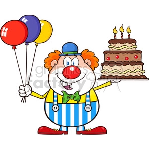 Royalty Free RF Clipart Illustration Birthday Clown Cartoon Character With Balloons And Cake With Candles
