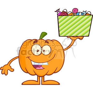 Royalty Free RF Clipart Illustration Smiling Halloween Pumpkin Mascot Character Holds A Box With Candys