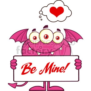 8922 Royalty Free RF Clipart Illustration Smiling Pink Monster Cartoon Character Holding A Be Mine Sign Vector Illustration Isolated On White