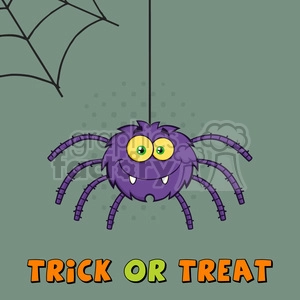 8955 Royalty Free RF Clipart Illustration Smiling Purple Halloween Spider Cartoon Character On A Web With Text Vector Illustration Greeting Card