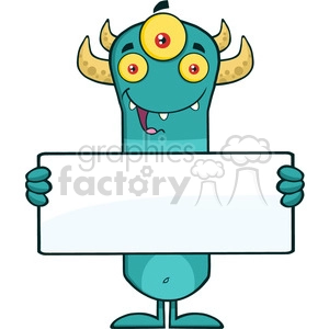 8927 Royalty Free RF Clipart Illustration Happy Horned Blue Monster Cartoon Character Holding A Blank Sign Vector Illustration Isolated On White