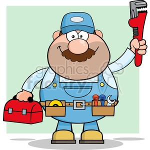 8536 Royalty Free RF Clipart Illustration Mechanic Cartoon Character With Wrench And Tool Box Vector Illustration With Background