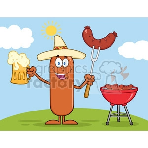 8473 Royalty Free RF Clipart Illustration Happy Mexican Sausage Cartoon Character Holding A Beer And Weenie Next To BBQ Vector Illustration Isolated On White