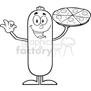 8479 Royalty Free RF Clipart Illustration Black And White Funny Sausage Cartoon Character Holding A Pizza Vector Illustration Isolated On White