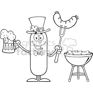 8453 Royalty Free RF Clipart Illustration Black And White Leprechaun Sausage Cartoon Character Holding A Beer And Weenie Next To BBQ Vector Illustration Isolated On White