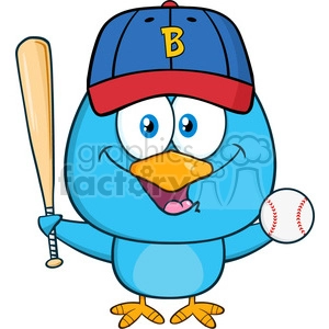 8843 Royalty Free RF Clipart Illustration Happy Blue Bird Cartoon Character Swinging A Baseball Bat And Ball Vector Illustration Isolated On White