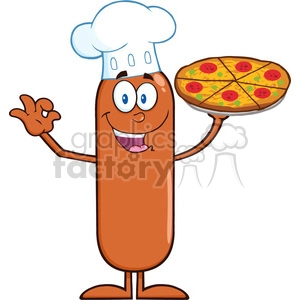 8482 Royalty Free RF Clipart Illustration Chef Sausage Cartoon Character Holding A Pizza Vector Illustration Isolated On White