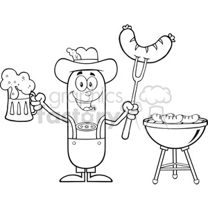 8465 Royalty Free RF Clipart Illustration Black And White German Oktoberfest Sausage Cartoon Character Holding A Beer And Weenie Next To BBQ Vector Illustration Isolated On White