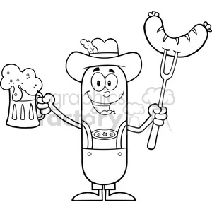 8445 Royalty Free RF Clipart Illustration Black And White German Oktoberfest Sausage Cartoon Character Holding A Beer And Weenie On A Fork Vector Illustration Isolated On White