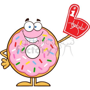8679 Royalty Free RF Clipart Illustration Smiling Donut Cartoon Character With Sprinkles Wearing A Foam Finger Vector Illustration Isolated On White