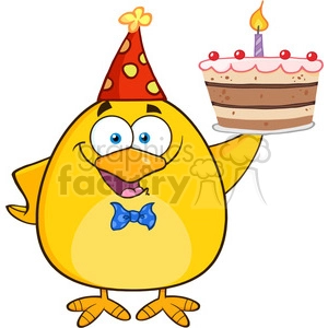 8617 Royalty Free RF Clipart Illustration Happy Yellow Chick Cartoon Character Holding Up A Birthday Cake Vector Illustration Isolated On White