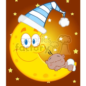 Royalty Free RF Clipart Illustration Cute African American Baby Boy Sleeps On The Moon With Sleeping Hat Over Blue Sky With Stars