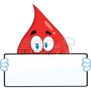 Royalty Free RF Clipart Illustration Smiling Red Blood Drop Cartoon Mascot Character Holding A Banner
