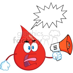 Royalty Free RF Clipart Illustration Angry Red Blood Drop Cartoon Mascot Character Screaming Into Megaphone With Speech Bubble