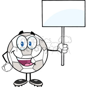 Royalty Free RF Clipart Illustration Happy Soccer Ball Cartoon Character Holding A Blank Sign