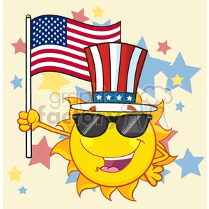 royalty free rf clipart illustration cute sun cartoon mascot character with patriotic hat holding an american flag vector illustration background with stars