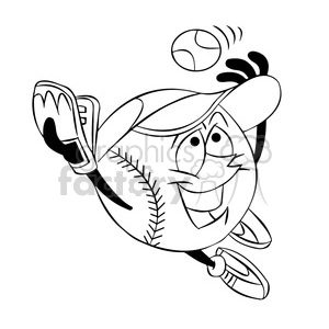 cartoon baseball mascot speedy catching a ball black and white