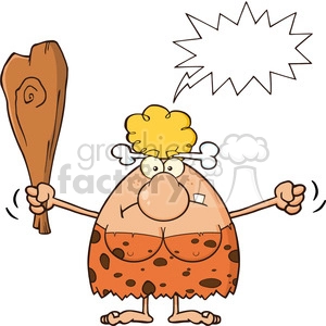 grumpy cave woman cartoon mascot character holding up a fist and a club vector illustration with angry speech bubble