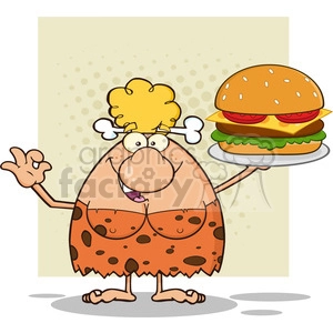 This cartoon shows a chef cave woman character holding a big burger and gesturing 
