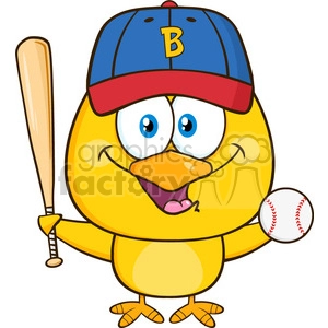 royalty free rf clipart illustration yellow chick cartoon character holding a baseball and bat vector illustration isolated on white