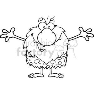 black and white smiling male caveman cartoon mascot character with open arms for a hug vector illustration