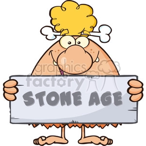 funny cave woman cartoon mascot character holding a stone sign with text stone age vector illustration