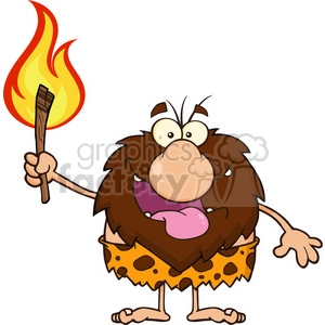 smiling male caveman cartoon mascot character holding up a fiery torch vector illustration
