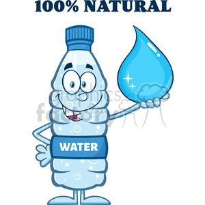 royalty free rf clipart illustration smiling water plastic bottle cartoon mascot character holding a water drop with text vector illustration isolated on white