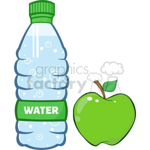 royalty free rf clipart illustration water plastic bottle and green apple cartoon illustratoion vector illustration isolated on white