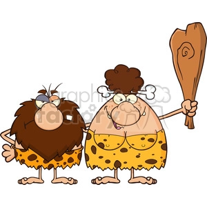 caveman couple cartoon mascot characters with brunette woman holding a club vector illustration