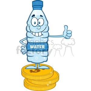 royalty free rf clipart illustration smiling water plastic bottle cartoon mascot character giving a thumb up and standing on coins vector illustration isolated on white