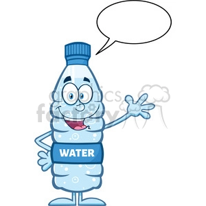 royalty free rf clipart illustration happy water plastic bottle cartoon mascot character waving with speech bubble vector illustration isolated on white
